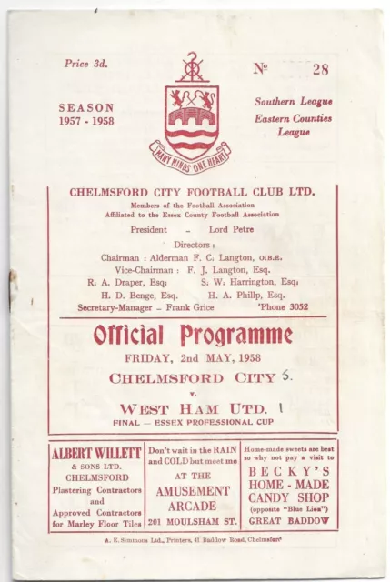 Chelmsford City v West Ham United 1957/58 Essex Professional Cup