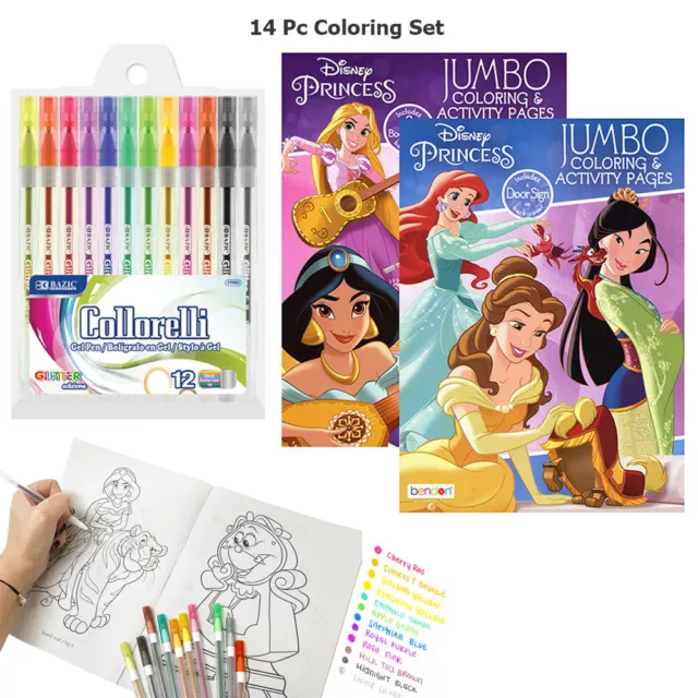 14 PC Disney Princesse Coloriage Livres Set Activités Pad Enfants Dessin Glitter