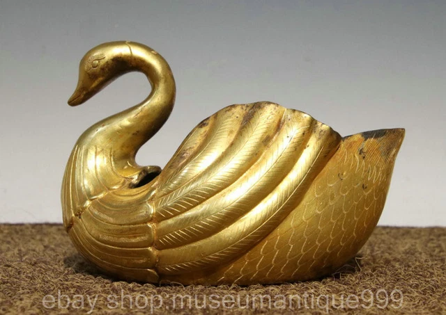 5.8" Old Chinese Bronze 24K Gold Gilt Dynasty Animal Goose  writing-brush washer