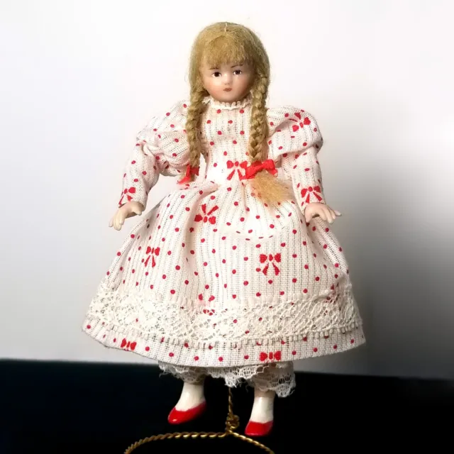 Artisan Dollhouse Miniature Girl Doll Bisque w/Blond Braids by Peggy Slack 1991