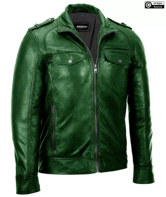 Giacca in pelle retrò da uomo verde classica moda biker moto caffè racer nuova