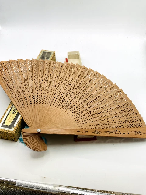 Vintage Chinese  Japanese Wooden HAND FAN Tassles in Original Box Wood