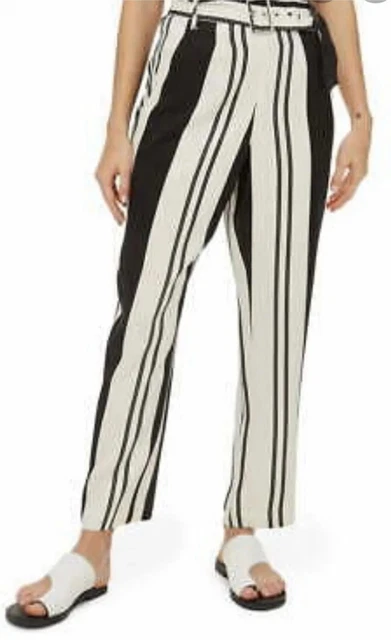 Ladies Topshop Striped Linen Blend Belted Trousers Size 8
