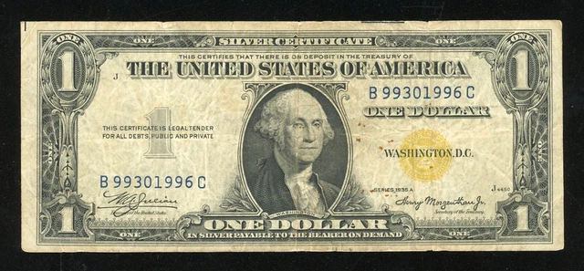 1935 A $1 Silver Certificate Yellow Seal North Africa Emergency Note $1 Bill F+