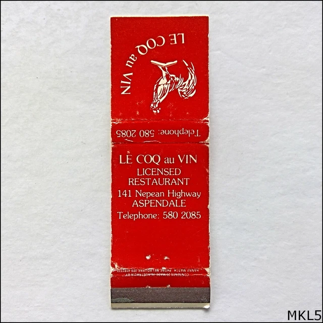 LE COQ AU Vin Restaurant Aspendale Matchbook Label (MKL5)