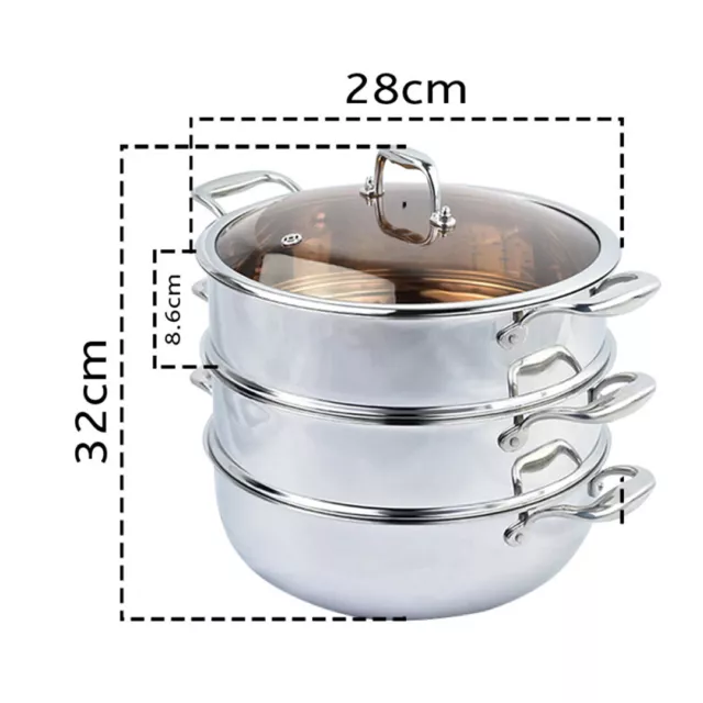 SOGA 2X 3 Tier 28cm Stainless Steel Food Steamer Pot Pasta Insert w/ Glass Lid 2