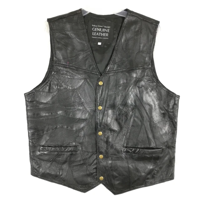 Navarre Leather Co Mens Vest Genuine Leather Black Motorcycle Quilted Snaps  L