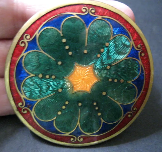 Old Large Colorful ENAMEL Victorian Round BUCKLE Scarf Clip