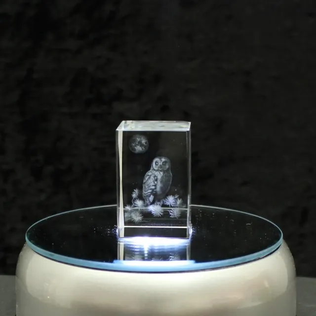 Kristallglas Figur - Eule & Mond - Glaswürfel 3D Laser Cube, Skulptur LED Licht 3