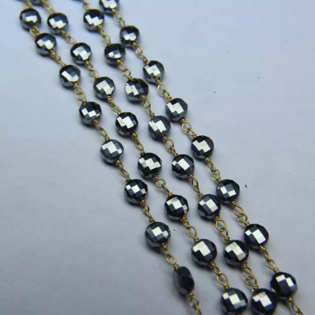 Pyrite Faceted Coin Shape Cut Gold Filled Wire Wrapped Beaded Rosary Chain