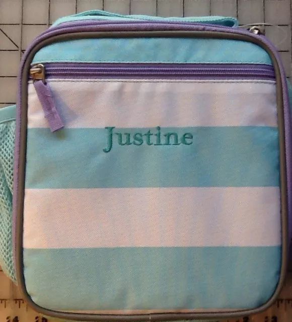 Pottery Barn Kids Lunch Box Monogramed JUSTINE Aqua And White Strips