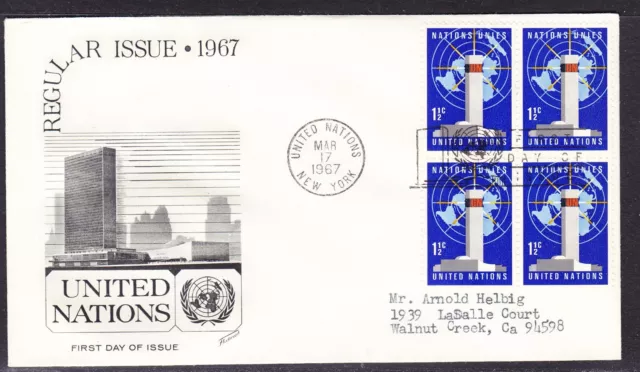 United Nations "Fleetwood"  - 1967 -1½c  Block 4 Regular Issue First Day Cover