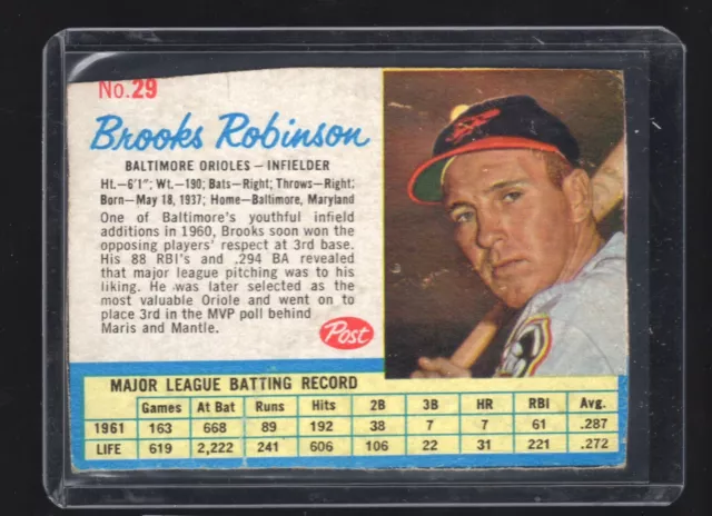 Brooks Robinson 1962 Post Cereal #29 Plain back, Big cut on upper left corner