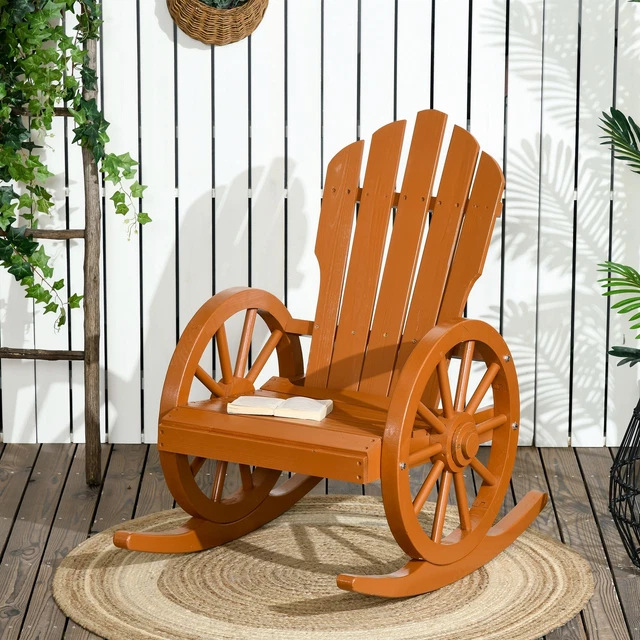 Rustic Wood Adirondack Rocking Patio Chair w/ Slatted Design, Wheel Armrests Rustic Wood Adirondack Rocking Patio Chair w/ Slatted Design, Wheel Armrests