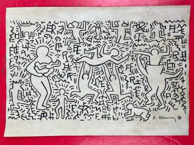 Keith Haring (Handmade) Drawing - Painting on old paper signed & stamped
