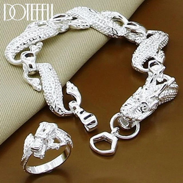 Doteffil 925 Sterling Silver Dragon Bracelet Bangle Ring Set for Woman Man Weddi