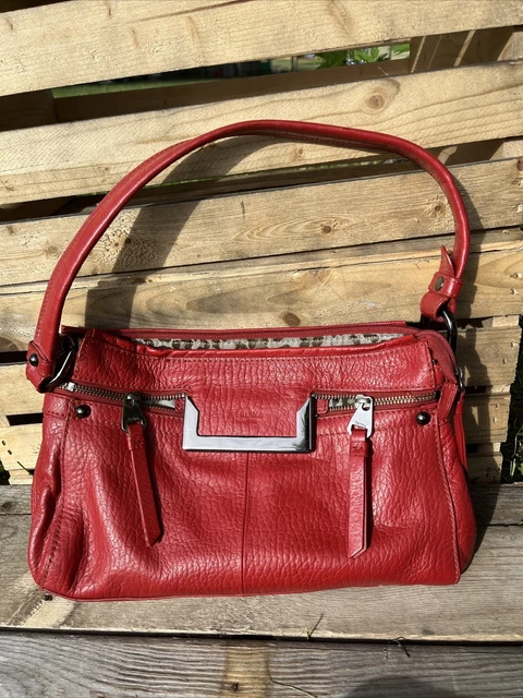 Perlina NY Red Pebbled Leather Baguette Satchel