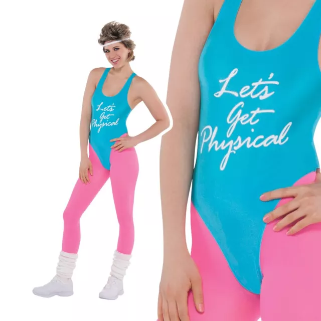 80s Lets Get Physical Costume Ladies Sport Exercise Leotard Fancy Dress Outfit