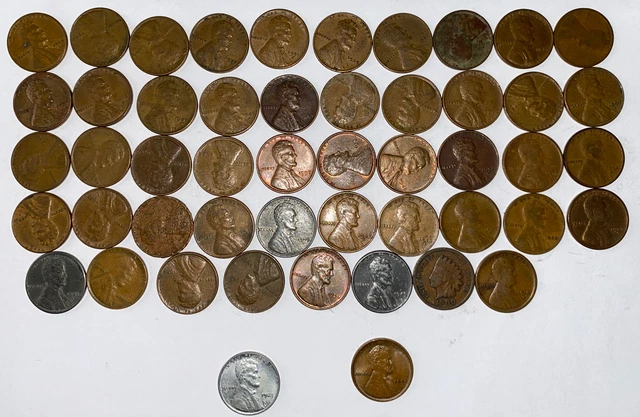 1 US Lincoln Wheat Cent Penny Roll 1943 Steel/1909-P AU/UNC (50 Coins) Vintage 8