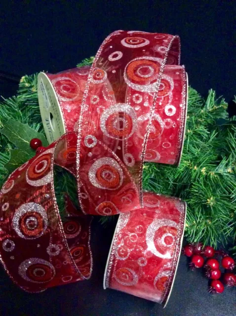 10yds LUXURY RED CHRISTMAS SILVER SWIRL WIRED RIBBON TREES BOWS GIFTS WRAPPING