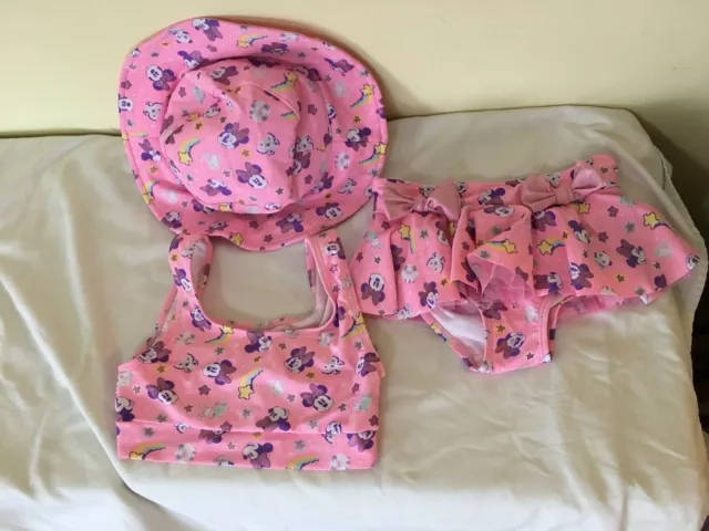 NWT Disney Store Minnie Mouse Swimsuit Short 3 pc UPF 50+ Girls Pink with hat 2
