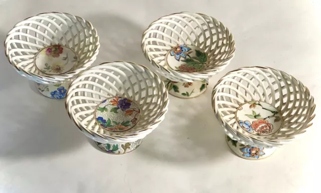 4 German Porcelain Reticulated Basket Weave Floral Chintz Footed Nut Bowls