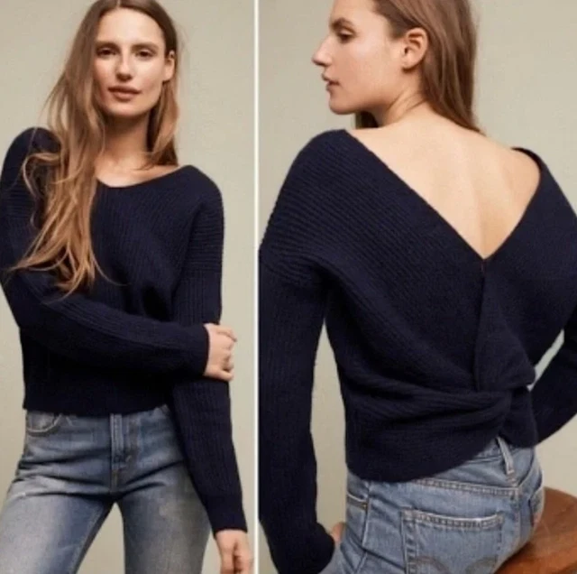 BNWT Anthropologie Twist Back Detail Navy Knit Jumper Sweater XS 6 8 10 RRP £125