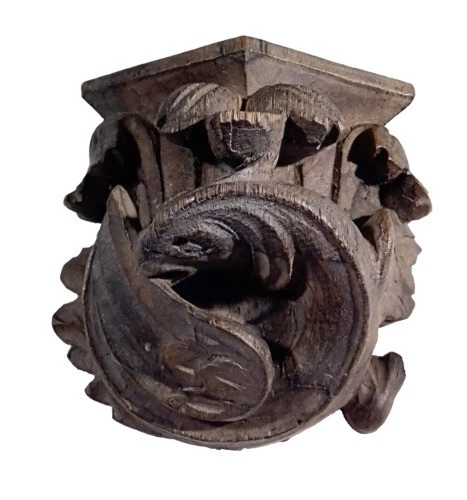 Sculpture Gothique Originale - Lion Médiéval En Bois - France (XIXe)