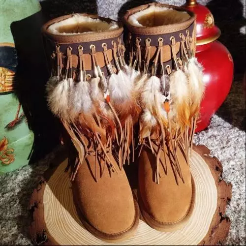 Womens Fashion Cow Leather Tassel Feather BOHO Winter Warm Snow Boots Shoes