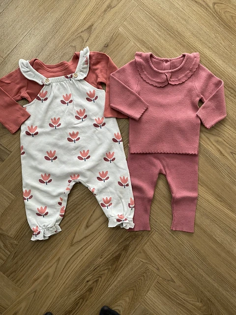 Baby Girl M&S Zara Bundle Knitted Set and Floral Dungarees- 9-12 Months