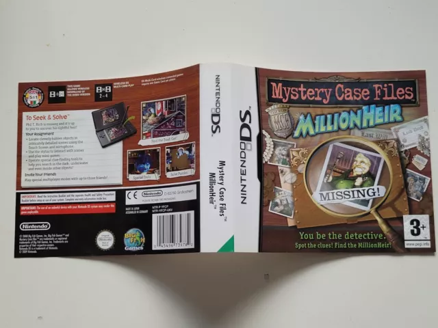 Nintendo Ds Mystery Case Files Millionheir inlay insert Artwork Cover ( ONLY )