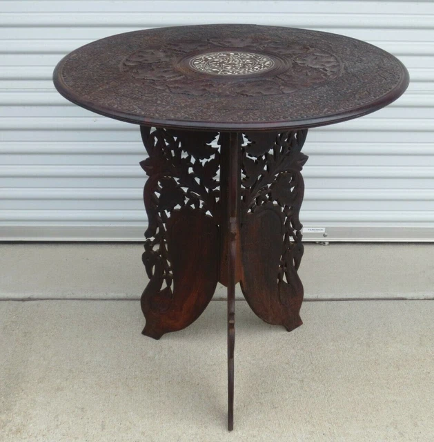 Beautiful Vintage or Antique Hand Carved Wooden Table With Bone? Inlay