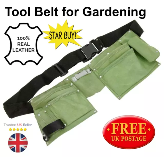 Gardening Gargners Double Leather Tool Belt Green Pouch Pockets 2634