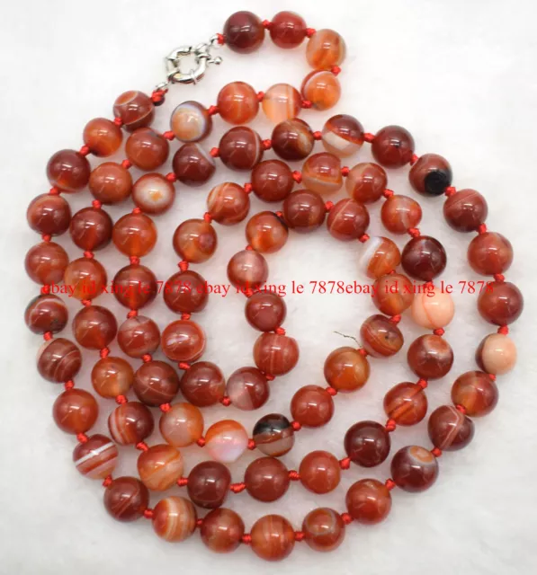 Natural 6/8/10/12mm Red Striped Agate Round Gemstone Beads Necklace 36" AAA+