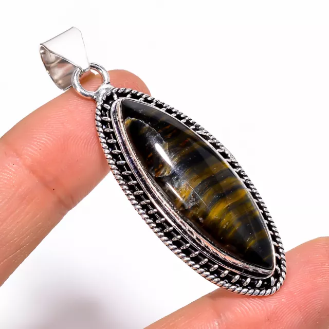 Blue Tiger Eye Vintage Handmade Jewelry 925 Sterling Silver Pendant 2.3" GSR1935