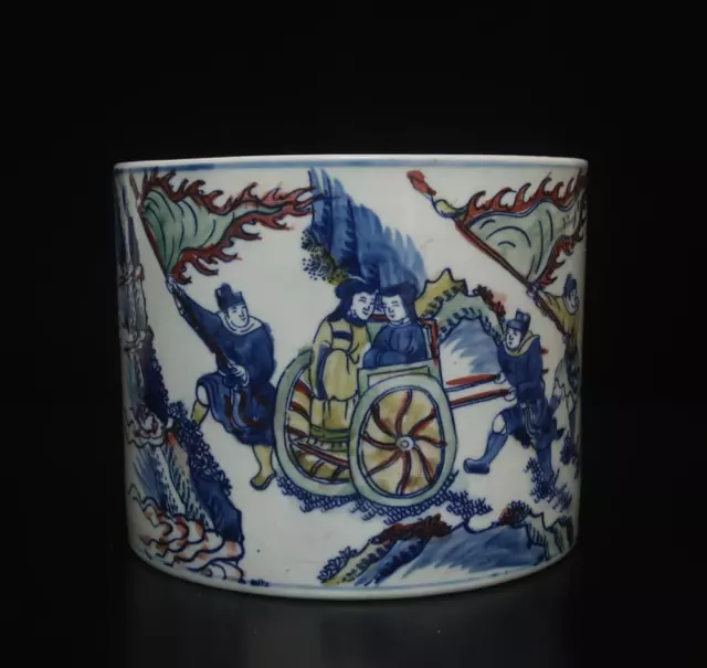 Kangxi Signed Fine Antique Chinese Blue & White Porcelain Brush Pot w/figures