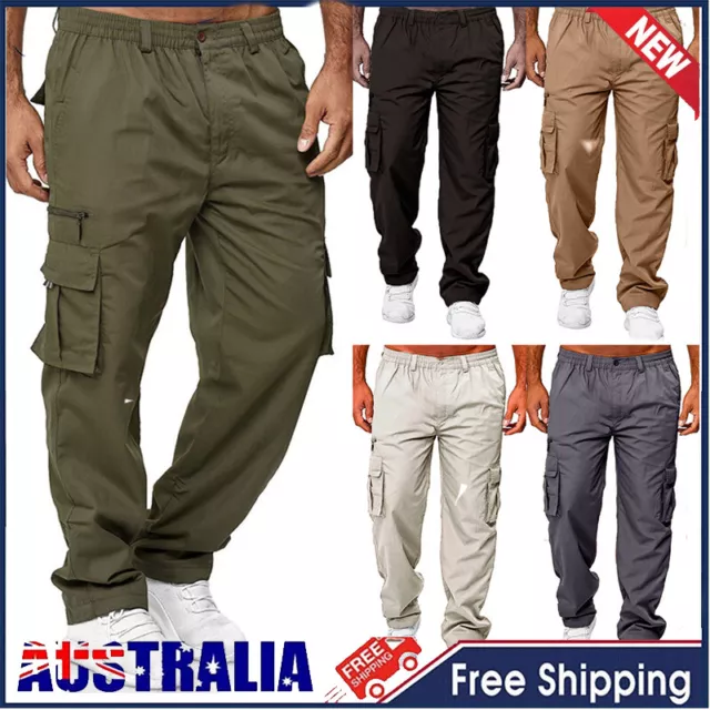 Men's Stretch Cargo Combat Work Pants Multi Pockets Elastic Waist Trousers #