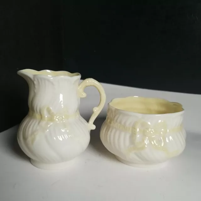 Belleek Creamer Open Sugar Iridescent Yellow Bow Ribbon Fine White Porcelain