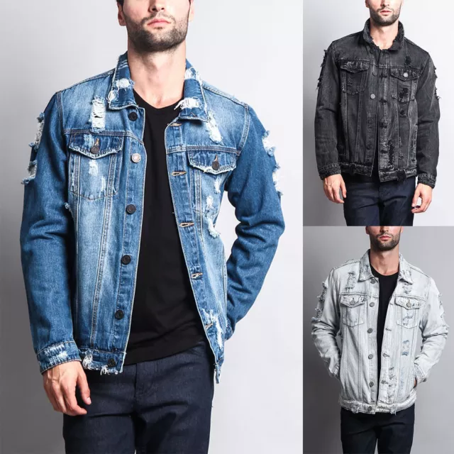 NWT Victorious Men's Wash Distressed Denim Jean Jacket -DK100