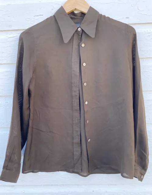 Vintage Banana Republic Hipster Blouse Sz S 100% Silk Brown Sheer Button Front