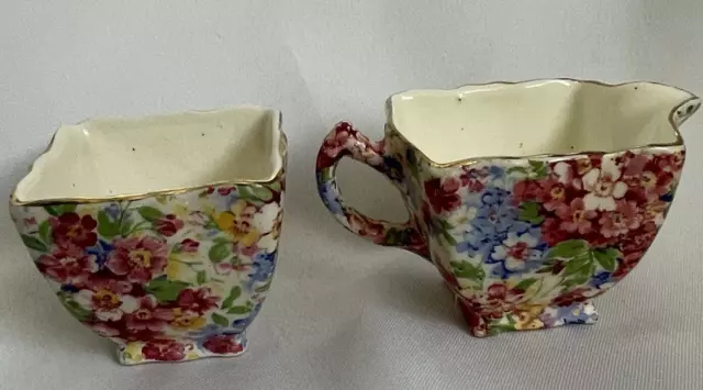 James Kent Apple Blossom Chintz Square Shaped Creamer and Sugar Set