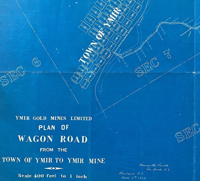 [MAP OF YMIR Gold Mines] 1899 Plan of Wagon Road from the Town of Ymir