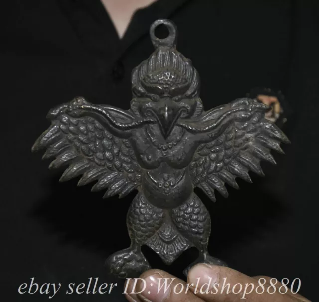 4.8" Old Tibet Bronze Redpoll Winged Garuda Bird Eagle Buddha Statue Pendant