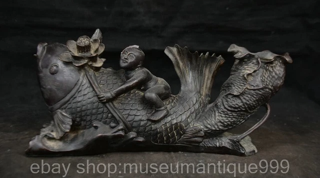 12.8" Old Chinese Copper Bronze Dynasty Tong Zi Boy Fish Statue Sculpture