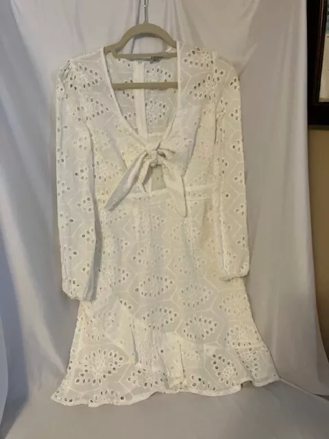 Connoto Women's White Lace Tie Front Long Sleeve Midi Dress Size Small w/ Zipper