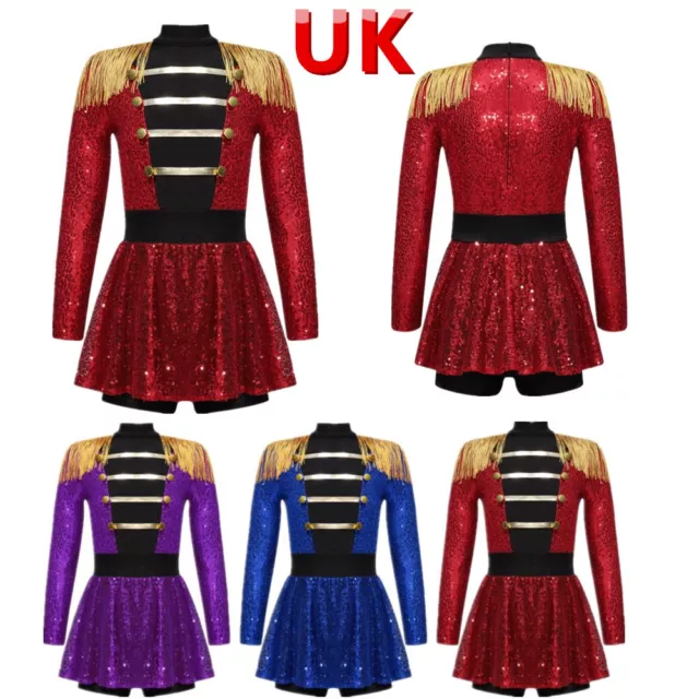 UK Kids Girls Circus Ringmaster Drum Major Fancy Dress Up Costume Sequins Dress