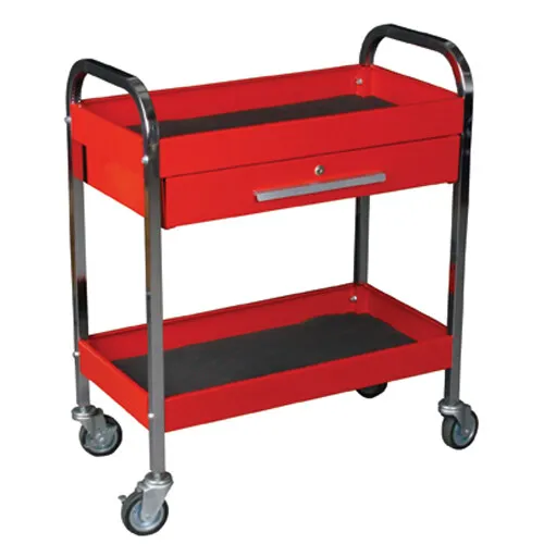 K Tool 75105 Metal Utility Cart, Red, Locking Drawer, 2 Shelves, 3" Swivel Caste