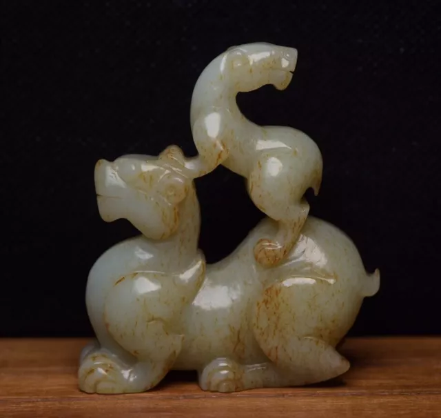 Chinese Natural Hetian Jade Carved Exquisite Beast Statue Figurines Collections