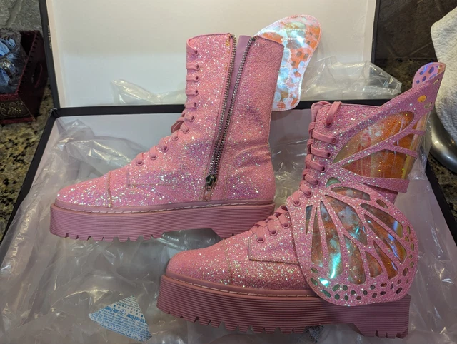 CLUB EXX METAMORPHIC Butterfly Boots Bubblegum Pink Glitter 8 NEW