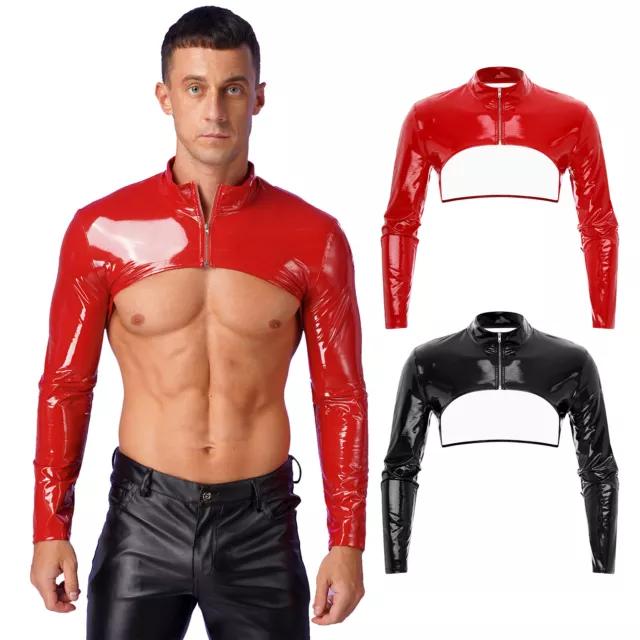 UK Mens Wet Look Leather Crop Top Long Sleeve Front Zipper Shrug Stage Costume